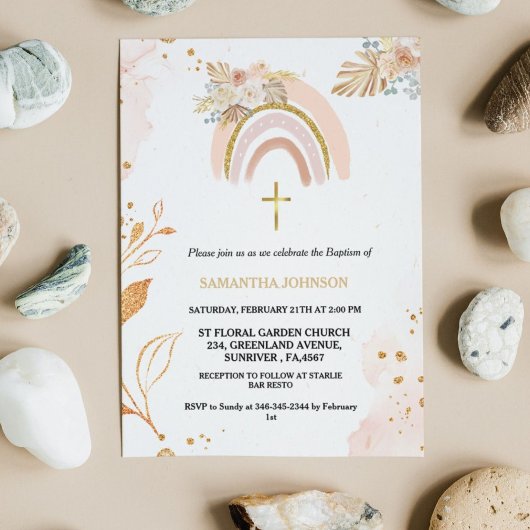 Invitation Boho Pampas Grass Rainbow Girl BAptism Christening