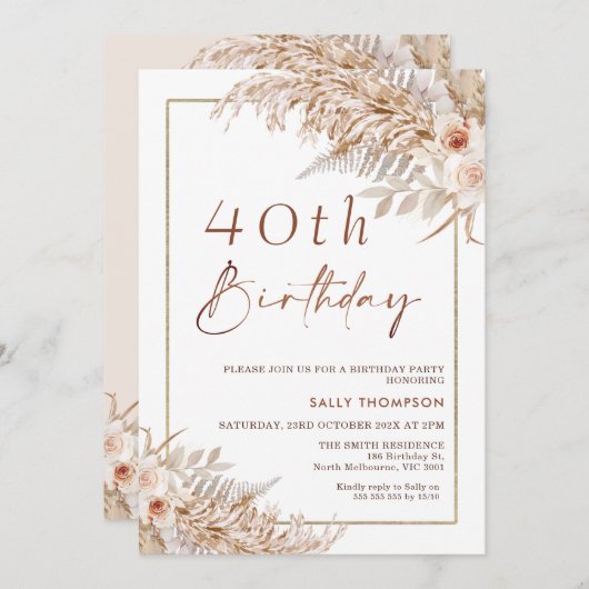 Invitation Boho Pampas Grass Rose Gold Frame Anniversaire (Devant / Derrière)
