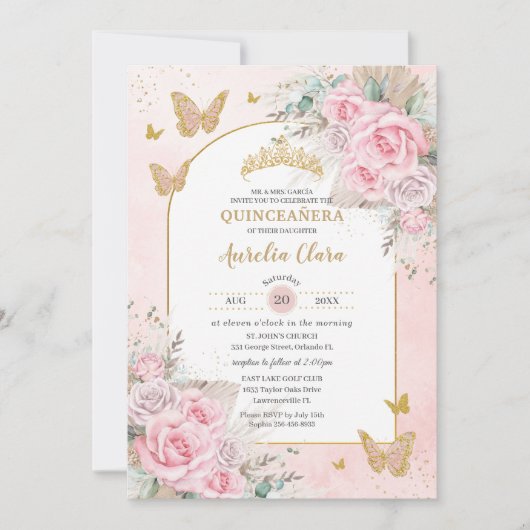 Invitation Boho Pampas Grass Roses Roses Fleur Quinceañera (Devant)