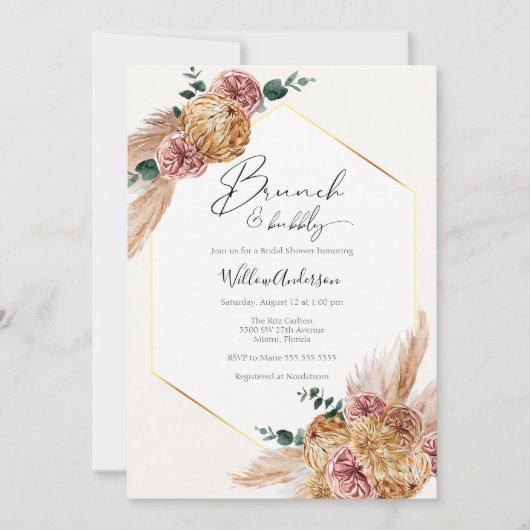 Invitation Boho Pampas Grass séché Bouquet Brunch et Bubbly (Devant)
