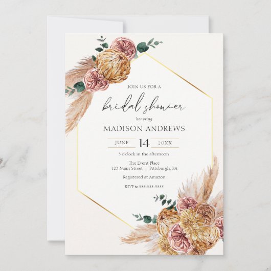 Invitation Boho Pampas Grass séché Bouquet Fête des mariées (Devant)