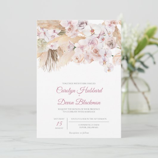 Invitation Boho Pampas Grass séché Floral Blush Rose Mariage (Debout devant)