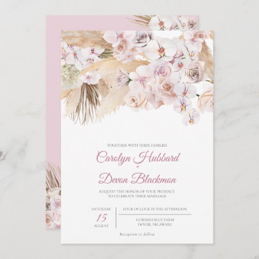 Invitation Boho Pampas Grass séché Floral Blush Rose Mariage (Devant / Derrière)