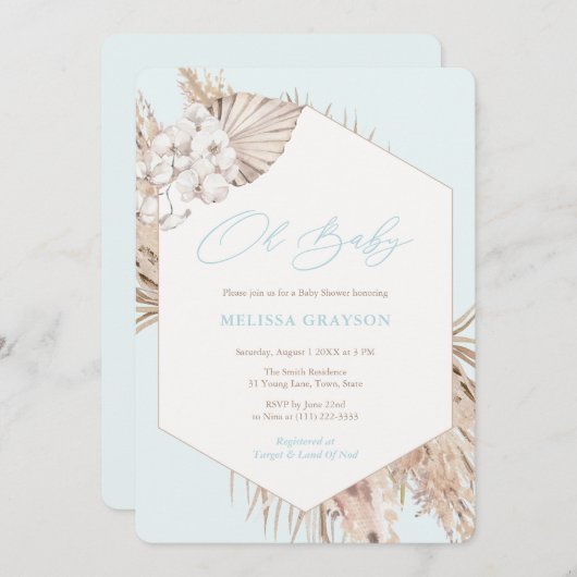 Invitation Boho Pampas Grass séché Palms Baby shower garçon (Devant / Derrière)