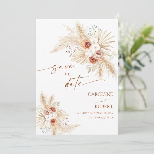 Invitation Boho Pampas Grass Terracotta Enregistrer La Date (Debout devant)