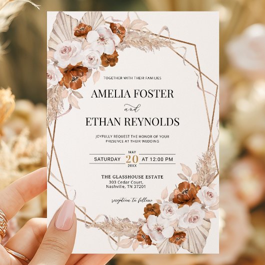 Invitation Boho Pampas Grass Terracotta Orange Floral Wedding