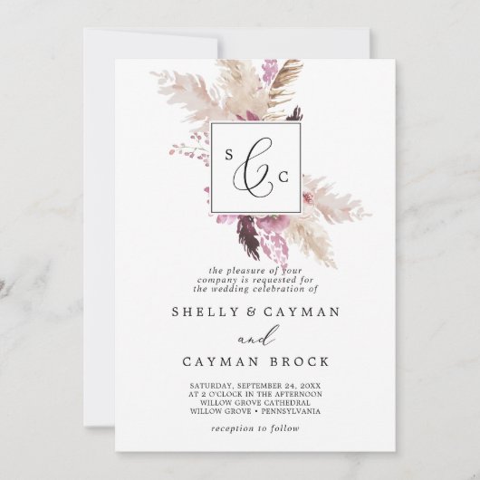 Invitation Boho Pampas Grass traditionnel Monogramme Mariage (Devant)