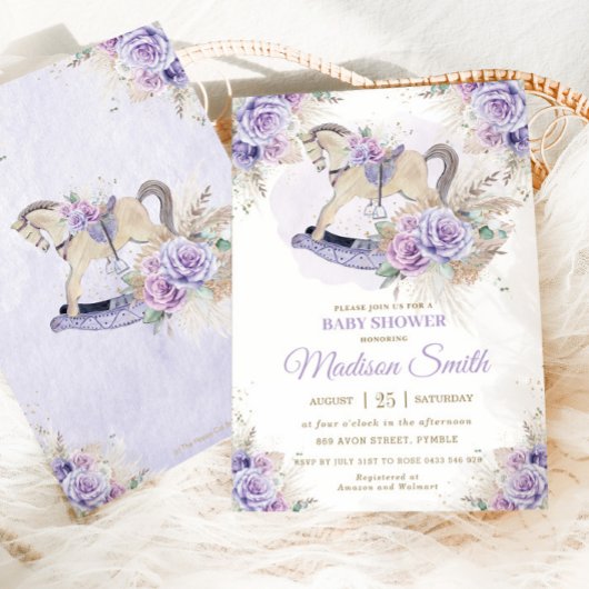 Invitation Boho Pampas Grass violet Floral Rocking Horse Baby