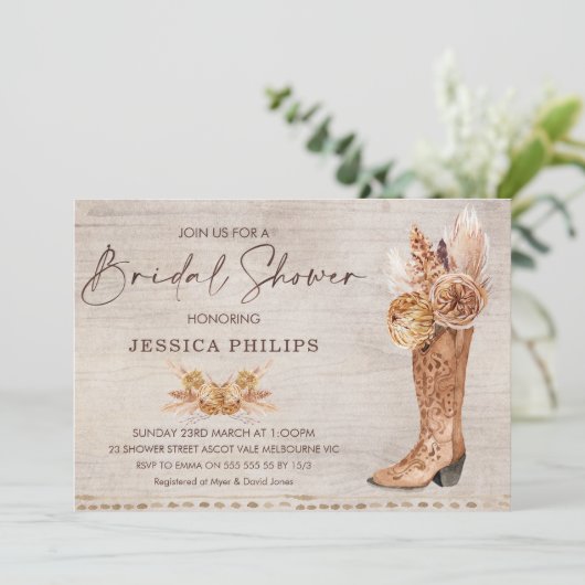 Invitation Boho Pampas Grass Western Boot Fête des mariées (Debout devant)
