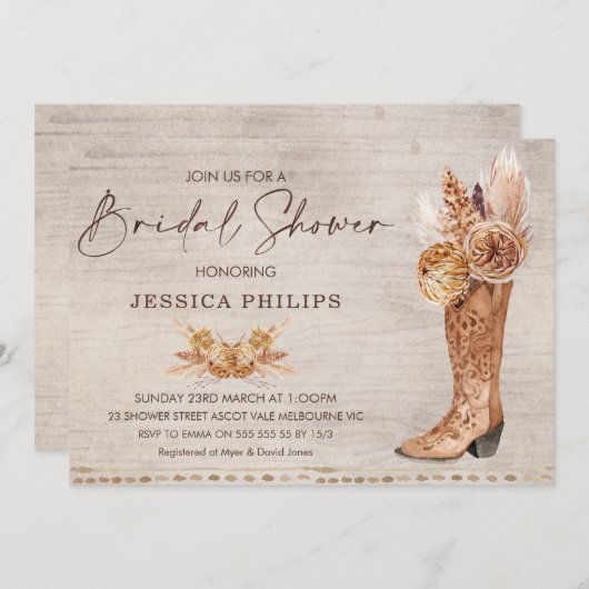 Invitation Boho Pampas Grass Western Boot Fête des mariées (Devant / Derrière)
