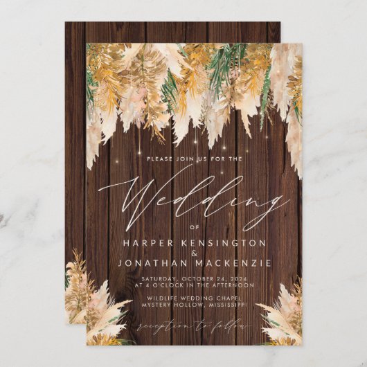 Invitation Boho Pampas Grass Wood Twinkle Mariage (Devant / Derrière)
