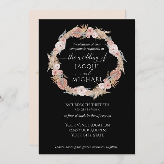 Invitation Boho Pampas Grass Wreath Tropical Black Floral (Devant / Derrière)