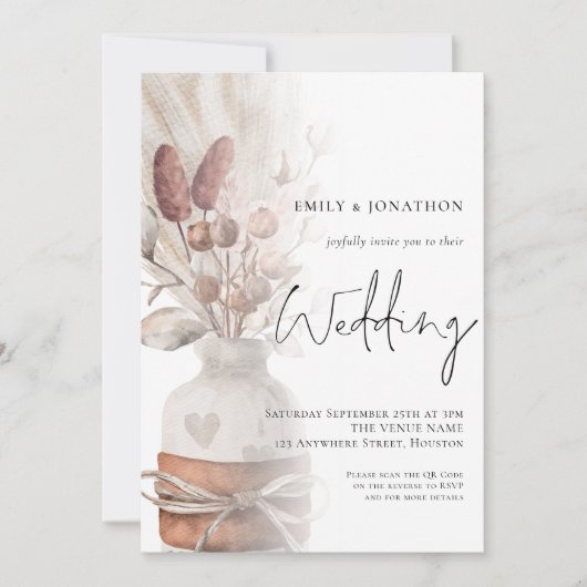 Invitation Boho Pampas Grasses superposer QR Code Mariage (Devant)