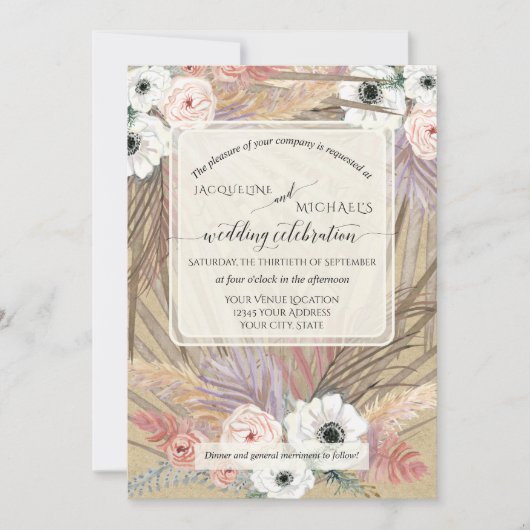 Invitation BOHO Pampas Herbe Blanc Floral Rustique Neutre (Devant)