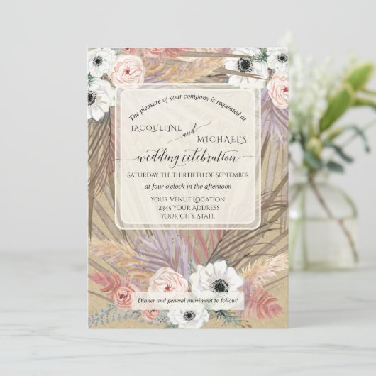Invitation BOHO Pampas Herbe Blanc Floral Rustique Neutre (Debout devant)