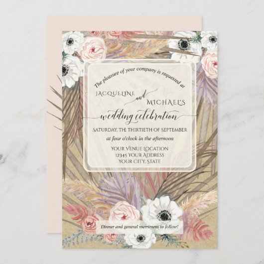 Invitation BOHO Pampas Herbe Blanc Floral Rustique Neutre (Devant / Derrière)