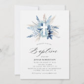 Invitation boho pampas herbe bleu croix florale baptême (Devant)