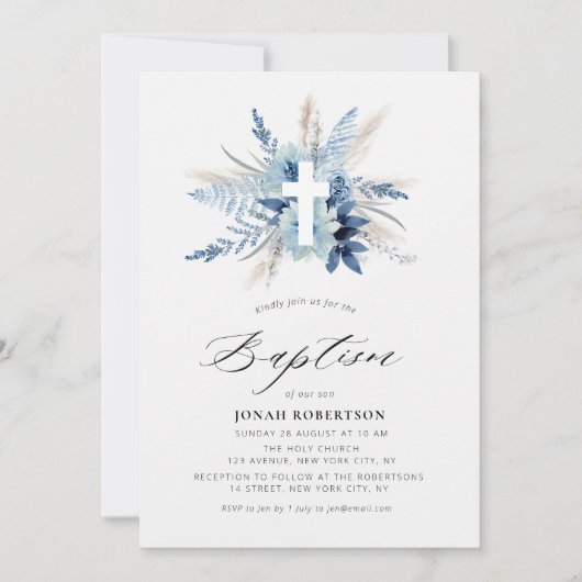 Invitation boho pampas herbe bleu croix florale baptême (Devant)