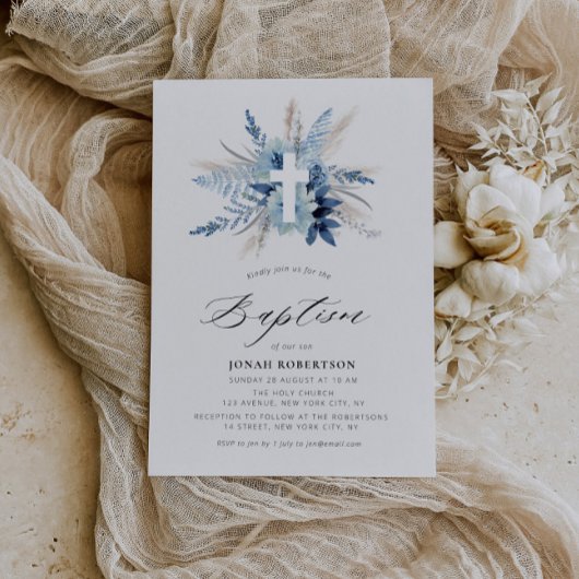 Invitation boho pampas herbe bleu croix florale baptême