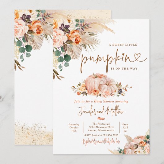 Invitation Boho Pampas Herbe Chute Floral Citrouille Baby sho (Devant / Derrière)