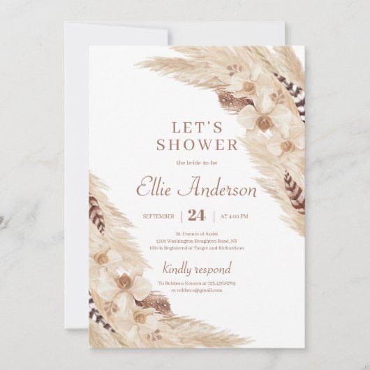 Invitation Boho Pampas herbe dessert orchidée douche nuptiale (Devant)
