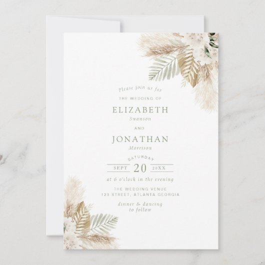 Invitation boho pampas herbe et sauge vert mariage (Devant)