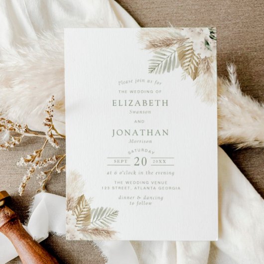 Invitation boho pampas herbe et sauge vert mariage