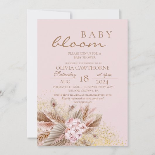 Invitation Boho Pampas Herbe Fleur Neutre Bébé Fille Douche (Devant)