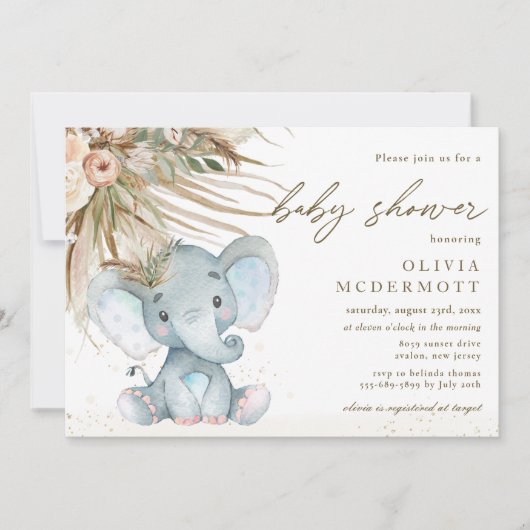 Invitation Boho Pampas Herbe Floral Elephant Baby shower Garç (Devant)
