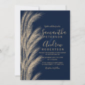 Invitation Boho pampas herbe or parties scintillant bleu mari (Devant)