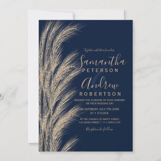 Invitation Boho pampas herbe or parties scintillant bleu mari (Devant)