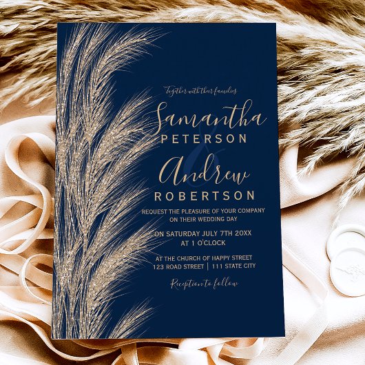 Invitation Boho pampas herbe or parties scintillant bleu mari