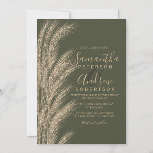 Invitation Boho pampas herbe or parties scintillant olivier v (Devant)