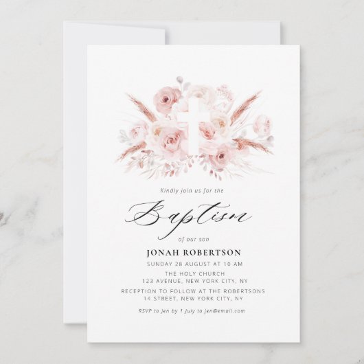 Invitation boho pampas herbe poussiéreuse rose croix florale (Devant)