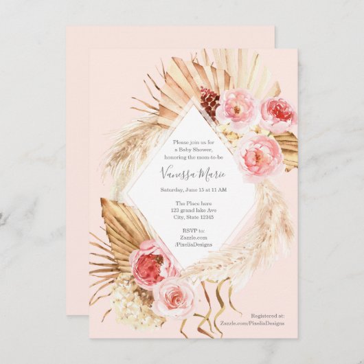 Invitation Boho Pampas herbe rose fleuri bébé douche (Devant / Derrière)