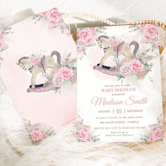 Invitation Boho Pampas Herbe Rose Floral Rocking Horse Baby