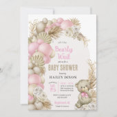 Invitation Boho Pampas Herbe Rose Teddy Baby shower Ours (Devant)