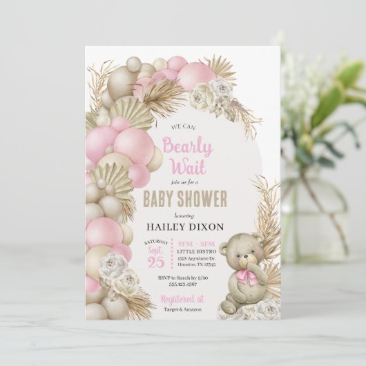Invitation Boho Pampas Herbe Rose Teddy Baby shower Ours (Debout devant)