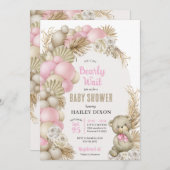 Invitation Boho Pampas Herbe Rose Teddy Baby shower Ours (Devant / Derrière)