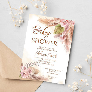Invitation Boho pampas herbe sèche beige baby shower rose