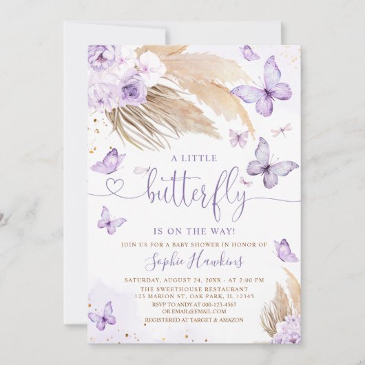 Invitation Boho Pampas Herbe Un Petit Baby shower Papillon (Devant)