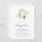 Invitation boho pampas herbe verdure croix florale baptême (Devant)