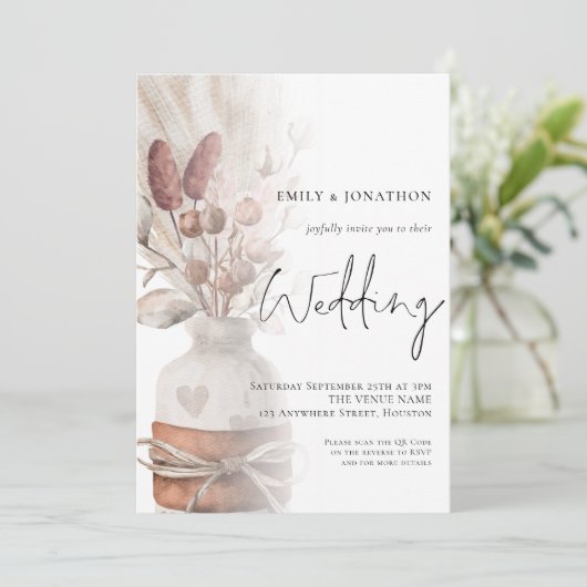Invitation Boho Pampas Herbes Overlay Code QR Mariage (Debout devant)