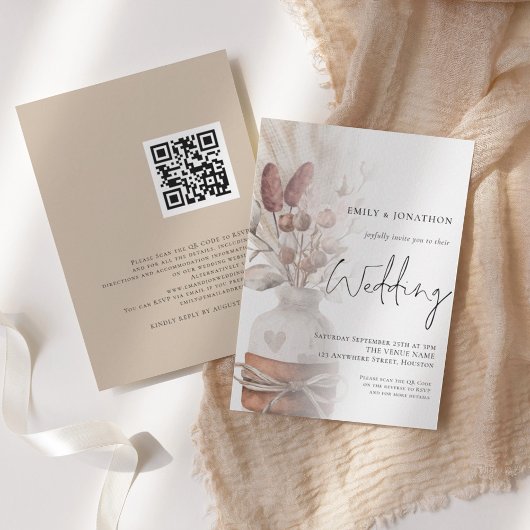 Invitation Boho Pampas Herbes Overlay Code QR Mariage