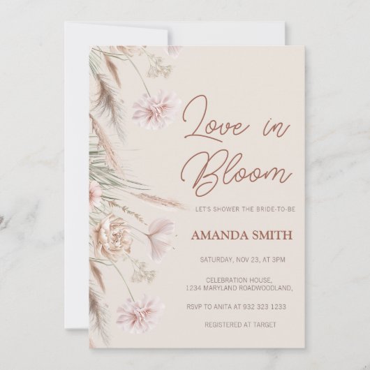 Invitation Boho Pampas L'amour de l'herbe dans la Fête des ma (Devant)