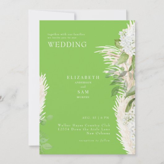 Invitation Boho Pampas Lime Vert Blanc Hydrangea Mariage (Devant)
