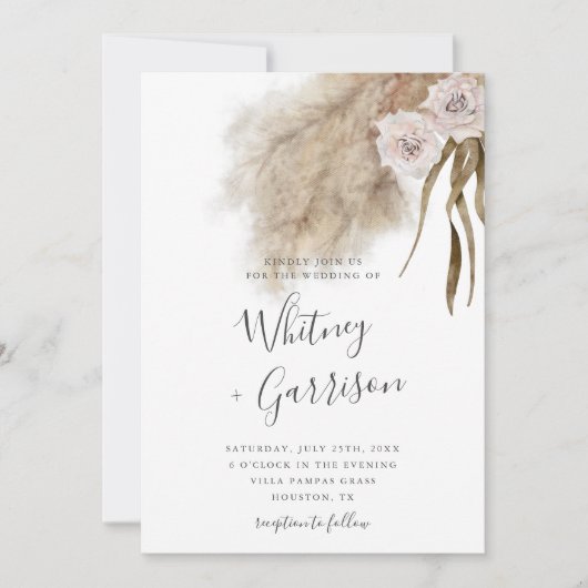 Invitation Boho Pampas Mariage botanique en herbe (Devant)