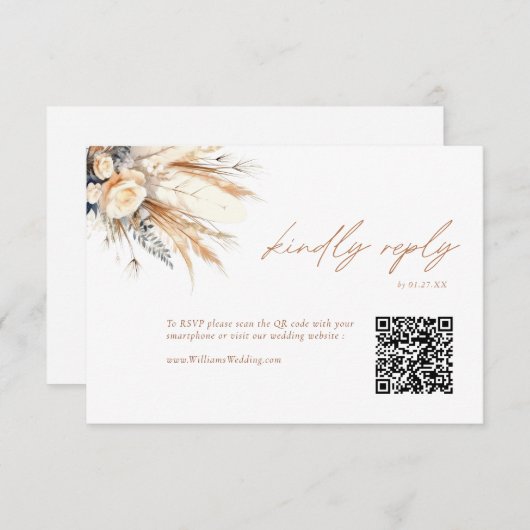 Invitation Boho Pampas Mariage Grass RSVP QR Code Card (Devant / Derrière)