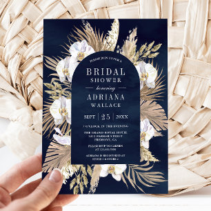 Invitation Boho Pampas Orchidée Blanche Bleu Nuit Baby Shower