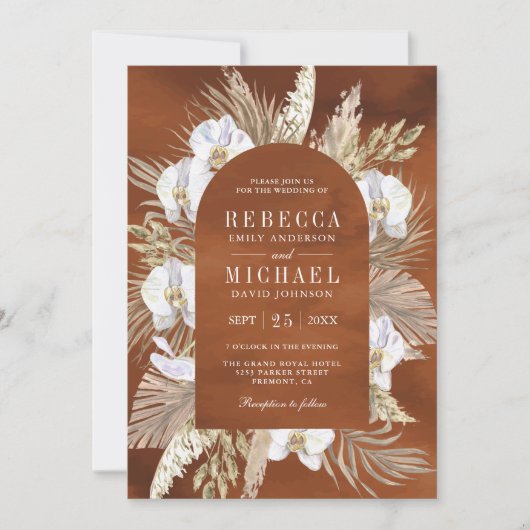 Invitation Boho Pampas Orchidée blanche Mariage de terre de p (Devant)